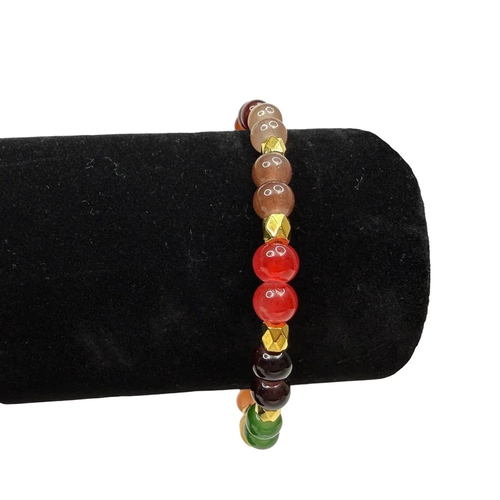 Boho Colorful Glass Gemstone Heart Charm Bracelet Gold Tone Stretch Band Wrist 7